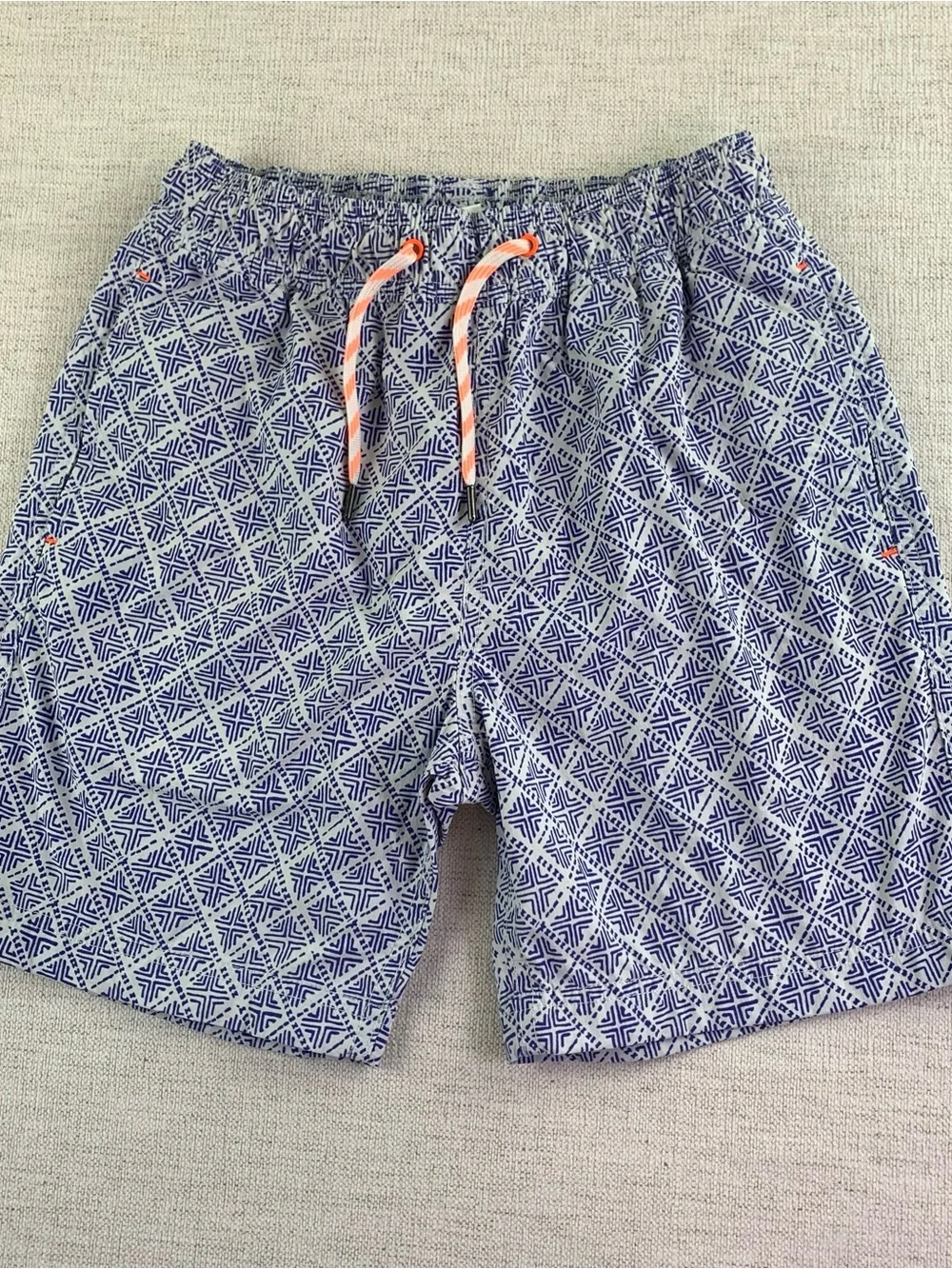 Crewcuts Blue Geometric Swim Trunks with Coral Drawstring